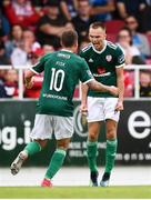 6 August 2018; Rory Hale celebrates after scoring his side's first goal with his Derry City team-mate Ben Fisk, left, during the EA Sports Cup semi-final match between Sligo Rovers and Derry City at the Showgrounds in Sligo. Photo by Stephen McCarthy/Sportsfile