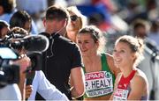 6 August 2018; Phil Healy of Ireland,  is interviewed by David Gillick for RTE after competing in the Women's 100m heats during Day Q of the 2018 European Athletics Championships at Berlin in Germany.  Photo by Sam Barnes/Sportsfile