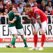 6 August 2018; Rory Hale celebrates after scoring his side's first goal with his Derry City team-mate Ben Fisk, left, during the EA Sports Cup semi-final match between Sligo Rovers and Derry City at the Showgrounds in Sligo. Photo by Stephen McCarthy/Sportsfile