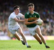 4 August 2018; David Clifford of Kerry in action against David Hyland of Kildare during the GAA Football All-Ireland Senior Championship Quarter-Final Group 1 Phase 3 match between Kerry and Kildare at Fitzgerald Stadium in Killarney, Kerry. Photo by Brendan Moran/Sportsfile