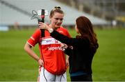 6 August 2018; Saoirse Noonan of Cork is interviewed by Máire Treasa Ní Cheallaigh for OffTheBall.com after the TG4 All-Ireland Ladies Football Senior Championship quarter-final match between Cork and Westmeath at the Gaelic Grounds in Limerick. Photo by Diarmuid Greene/Sportsfile