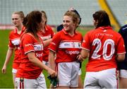 6 August 2018; Libby Coppinger of Cork, who was awarded Player of the Match, is congratulated by team-mates Orlagh Farmer, left, and Marie Ambrose after the TG4 All-Ireland Ladies Football Senior Championship quarter-final match between Cork and Westmeath at the Gaelic Grounds in Limerick. Photo by Diarmuid Greene/Sportsfile