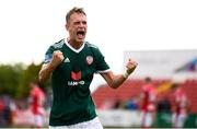 6 August 2018; Dean Shiels of Derry City celebrates his side's victory following the EA Sports Cup semi-final match between Sligo Rovers and Derry City at the Showgrounds in Sligo. Photo by Stephen McCarthy/Sportsfile