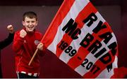 6 August 2018; A Derry City supporter celebrates following the EA Sports Cup semi-final match between Sligo Rovers and Derry City at the Showgrounds in Sligo. Photo by Stephen McCarthy/Sportsfile