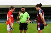 6 August 2018; Referee Seamus Mulvihill performs the coin-toss in the company of Cork captain Ciara O'Sullivan and Westmeath captain Laura Lee Walsh prior to the TG4 All-Ireland Ladies Football Senior Championship quarter-final match between Cork and Westmeath at the Gaelic Grounds in Limerick. Photo by Diarmuid Greene/Sportsfile