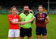 6 August 2018; Cork captain Ciara O'Sullivan and Westmeath captain Laura Lee Walsh exchange a handshake in the company of referee Seamus Mulvihill prior to the TG4 All-Ireland Ladies Football Senior Championship quarter-final match between Cork and Westmeath at the Gaelic Grounds in Limerick. Photo by Diarmuid Greene/Sportsfile