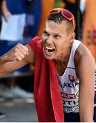 7 August 2018; Matej Tóth of Slovakia celebrates finishing second in the Men's 50km Walk event during Day 1 of the 2018 European Athletics Championships in Berlin, Germany.  Photo by Sam Barnes/Sportsfile
