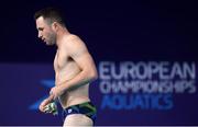 7 August 2018; Oliver Dingley of Ireland prior to his final dive in the Men's 1m Springboard Preliminary final during day six of the 2018 European Championships at the Royal Commonwealth Pool in Edinburgh, Scotland. Photo by David Fitzgerald/Sportsfile