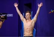 7 August 2018; Jack Laugher of Great Britain reacts as he looks at the scoreboard following his final dive in the Men's 1m Springboard Preliminary final during day six of the 2018 European Championships at the Royal Commonwealth Pool in Edinburgh, Scotland. Photo by David Fitzgerald/Sportsfile