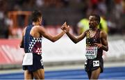 7 August 2018; Morhad Amdouni of France, left, and Abdi Bashir of Belgium celebrate finishing first and second respectively in the Men's 10,000m event  during Day 1 of the 2018 European Athletics Championships at The Olympic Stadium in Berlin, Germany. Photo by Sam Barnes/Sportsfile