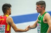 8 August 2018; Marcus Lawler of Ireland, right, shakes hands with Sergio Juarez of Spain after competing in the Men's 200m Heats during Day 2 of the 2018 European Athletics Championships at The Olympic Stadium in Berlin, Germany. Photo by Sam Barnes/Sportsfile