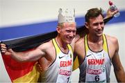 8 August 2018; Arthur Abele of Germany, left, after winning the Men's Decathlon with teammate Niklas Kaul during Day 2 of the 2018 European Athletics Championships at The Olympic Stadium in Berlin, Germany. Photo by Sam Barnes/Sportsfile