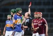 8 August 2018; Cian Salmon of Galway is shown a straight red card by referee Sean Cleere during the Bord Gais Energy GAA Hurling All-Ireland U21 Championship Semi-Final match between Galway and Tipperary at the Gaelic Grounds in Limerick. Photo by Diarmuid Greene/Sportsfile