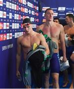 9 August 2018; Conor Ferguson, left, and Shane Ryan of Ireland after being disqualified from the Men's Medley 4x100 Relay preliminary heat during day eight of the 2018 European Championships at Tollcross International Swimming Centre in Glasgow, Scotland. Photo by David Fitzgerald/Sportsfile