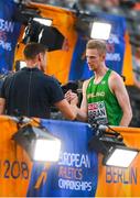 9 August 2018; Zak Curran of Ireland, is interviewd by David Gillick for RTE after competing in the Men's 800m event during Day 3 of the 2018 European Athletics Championships at The Olympic Stadium in Berlin, Germany. Photo by Sam Barnes/Sportsfile