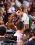 9 August 2018; Laviai Nielsen of Great Britain talks to her boyfriend Jason Harvey of Ireland after she qualified for the Women's 400m final during Day 3 of the 2018 European Athletics Championships at Berlin in Germany. Photo by Sam Barnes/Sportsfile