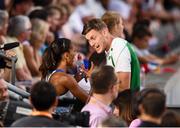 9 August 2018; Laviai Nielsen of Great Britain talks to her boyfriend Jason Harvey of Ireland after she qualified for the Women's 400m final during Day 3 of the 2018 European Athletics Championships at Berlin in Germany. Photo by Sam Barnes/Sportsfile