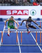 9 August 2018; Thomas Barr of Ireland, left, on his way to winning a bronze medal following the Men's 400m Hurdles Final during Day 3 of the 2018 European Athletics Championships at The Olympic Stadium in Berlin, Germany. Photo by Sam Barnes/Sportsfile