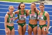 10 August 2018; The Ireland Womens 4x400m Relay team, from left, Claire Mooney, Davicia Patterson, Sophie Becker and Sinead Denny during Day 4 of the 2018 European Athletics Championships at The Olympic Stadium in Berlin, Germany. Photo by Sam Barnes/Sportsfile