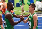 10 August 2018; Brandon Arrey of Ireland, left, and Chris O'Donnell after competing in Men's 4x400m relay event during Day 4 of the 2018 European Athletics Championships at The Olympic Stadium in Berlin, Germany. Photo by Sam Barnes/Sportsfile