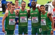 10 August 2018; Athletes, from left, Chris O'Donnell, Thomas Barr, Brandon Arrey and Leon Reid of Ireland, after competing in Men's 4x400m relay event during Day 4 of the 2018 European Athletics Championships at The Olympic Stadium in Berlin, Germany. Photo by Sam Barnes/Sportsfile