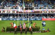 10 August 2018; Flags of the competing nations are seen prior to the Longines FEI Jumping Nations Cup of Ireland during the StenaLine Dublin Horse Show at the RDS Arena in Dublin. Photo by Harry Murphy/Sportsfile