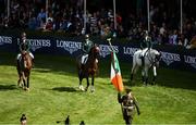 10 August 2018; Riders representing Ireland parade the ring prior to the Longines FEI Jumping Nations Cup of Ireland during the StenaLine Dublin Horse Show at the RDS Arena in Dublin. Photo by Harry Murphy/Sportsfile