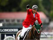 10 August 2018; Enrique Gonzalez of Mexico competing on Chacna celebrates jumping clear during the Longines FEI Jumping Nations Cup of Ireland during the StenaLine Dublin Horse Show at the RDS Arena in Dublin. Photo by Harry Murphy/Sportsfile