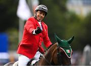 10 August 2018; Enrique Gonzalez of Mexico competing on Chacna celebrates jumping clear during the Longines FEI Jumping Nations Cup of Ireland during the StenaLine Dublin Horse Show at the RDS Arena in Dublin. Photo by Harry Murphy/Sportsfile
