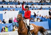 10 August 2018; Enrique Gonzalez of Mexico competing on Chacna celebrates jumping clear during the Longines FEI Jumping Nations Cup of Ireland during the StenaLine Dublin Horse Show at the RDS Arena in Dublin. Photo by Matt Browne/Sportsfile