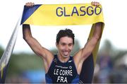10 August 2018; Pierre Le Corre of France crosses the line to win the Men's Triathlon during day nine of the 2018 European Championships at Strathclyde Country Park in Glasgow, Scotland. Photo by David Fitzgerald/Sportsfile