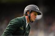 10 August 2018; Cameron Hanley of Ireland competing on Quirex, reacts during the Longines FEI Jumping Nations Cup of Ireland during the StenaLine Dublin Horse Show at the RDS Arena in Dublin. Photo by Harry Murphy/Sportsfile