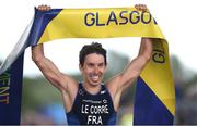 10 August 2018; Pierre Le Corre of France crosses the line to win the Men's Triathlon during day nine of the 2018 European Championships at Strathclyde Country Park in Glasgow, Scotland. Photo by David Fitzgerald/Sportsfile