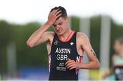 10 August 2018; Marc Austin of Great Britain reacts after finishing the Men's Triathlon during day nine of the 2018 European Championships at Strathclyde Country Park in Glasgow, Scotland. Photo by David Fitzgerald/Sportsfile