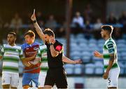 10 August 2018; Lee Grace of Shamrock Rovers, right, is shown a red card by referee Paul McLaughlin during the Irish Daily Mail FAI Cup First Round match between Drogheda United v Shamrock Rovers at United Park, in Drogheda. Photo by Seb Daly/Sportsfile