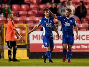 10 August 2018; Jake Keegan, left, is congratulated by his St Patrick's Athletic team-mate Conor Clifford after scoring his side's second goal during the Irish Daily Mail FAI Cup First Round match between Inchicore Athletic and St Patrick's Athletic at Richmond Park in Inchicore, Dublin. Photo by Stephen McCarthy/Sportsfile