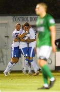 10 August 2018; Mikey Place of Finn Harps celebrates scoring his side's second goal, in extra-time, with team mates Keith Cowan, left, and Niall Logue during the Irish Daily Mail FAI Cup First Round match between Bray Wanderers and Finn Harps at the Carlisle Grounds in Bray, Wicklow. Photo by Piaras Ó Mídheach/Sportsfile