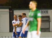 10 August 2018; Mikey Place of Finn Harps, centre, celebrates scoring his side's second goal, in extra-time, with team mates Keith Cowan, left, and Niall Logue during the Irish Daily Mail FAI Cup First Round match between Bray Wanderers and Finn Harps at the Carlisle Grounds in Bray, Wicklow. Photo by Piaras Ó Mídheach/Sportsfile