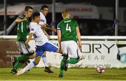 10 August 2018; Mikey Place, centre, of Finn Harps scores his side's second goal, in extra-time, despite the efforts Darragh Gibbons, left, and Conor Kenna of Bray Wanderers during the Irish Daily Mail FAI Cup First Round match between Bray Wanderers and Finn Harps at the Carlisle Grounds in Bray, Wicklow. Photo by Piaras Ó Mídheach/Sportsfile