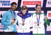 10 August 2018; Men's 400m hurdles medallists, from left, Yasmani Copello of Turkey, silver, Karsten Warholm of Norway, gold, and Thomas Barr of Ireland, bronze, during Day 4 of the 2018 European Athletics Championships in Berlin, Germany. Photo by Sam Barnes/Sportsfile