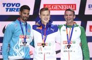 10 August 2018; Men's 400m hurdles medallists, from left, Yasmani Copello of Turkey, silver, Karsten Warholm of Norway, gold, and Thomas Barr of Ireland, bronze, during Day 4 of the 2018 European Athletics Championships in Berlin, Germany. Photo by Sam Barnes/Sportsfile