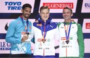 10 August 2018; Men's 400m hurdles medallists, from left, Yasmani Copello of Turkey, silver, Karsten Warholm of Norway, gold, and Thomas Barr of Ireland, bronze, during Day 4 of the 2018 European Athletics Championships in Berlin, Germany. Photo by Sam Barnes/Sportsfile