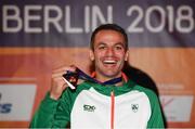 10 August 2018; Thomas Barr of Ireland with his bronze medal after finishing third in the Men's 400m hurdles Final during Day 4 of the 2018 European Athletics Championships in Berlin, Germany. Photo by Sam Barnes/Sportsfile