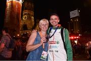 10 August 2018; Thomas Barr of Ireland and his coach Hayley Harrison with his bronze medal after finishing third in the Men's 400m hurdles Final during Day 4 of the 2018 European Athletics Championships in Berlin, Germany. Photo by Sam Barnes/Sportsfile