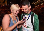 10 August 2018; Thomas Barr of Ireland and his coach Hayley Harrison with his bronze medal after finishing third in the Men's 400m hurdles Final during Day 4 of the 2018 European Athletics Championships in Berlin, Germany. Photo by Sam Barnes/Sportsfile