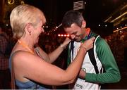 10 August 2018; Thomas Barr of Ireland and his coach Hayley Harrison with his bronze medal after finishing third in the Men's 400m hurdles Final during Day 4 of the 2018 European Athletics Championships in Berlin, Germany. Photo by Sam Barnes/Sportsfile