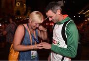 10 August 2018; Thomas Barr of Ireland and his coach Hayley Harrison with his bronze medal after finishing third in the Men's 400m hurdles Final during Day 4 of the 2018 European Athletics Championships in Berlin, Germany. Photo by Sam Barnes/Sportsfile