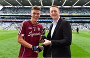 11 August 2018; Bill Boucher, Electric Ireland Manager at the Electric Ireland GAA Minor Championships, presents Aidan Halloran of Galway with the Player of the Match award for his major performance in the Electric Ireland GAA Minor Football Championship Semi-Final. Throughout the Championships, fans can follow the conversation, vote for their player of the week, support the Minors and be a part of something major through the hashtag #GAAThisIsMajor . Photo by Brendan Moran/Sportsfile