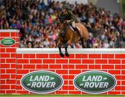 11 August 2018; Captain Geoff Curran of Ireland competing on Dollanstown during the Land Rover Puissance during the StenaLine Dublin Horse Show at the RDS Arena in Dublin. Photo by Harry Murphy/Sportsfile