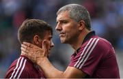 11 August 2018; Galway manager Kevin Walsh consoles Shane Walsh after the GAA Football All-Ireland Senior Championship semi-final match between Dublin and Galway at Croke Park in Dublin.  Photo by Piaras Ó Mídheach/Sportsfile